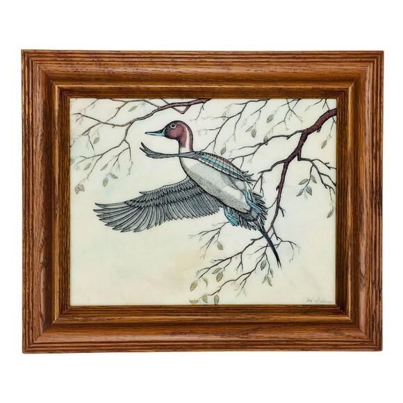 Vintage Mallard Duck In Flight With Tree Branches & Leaves Marble Etching Signed - Picture 1 of 7